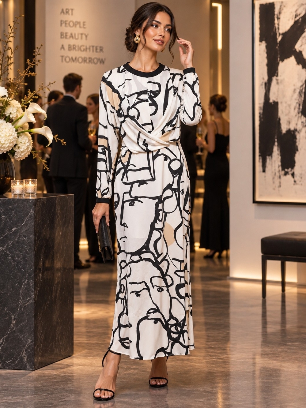 NWT Armani Exchange Abstract Face Print Draped Maxi Dress Size 10